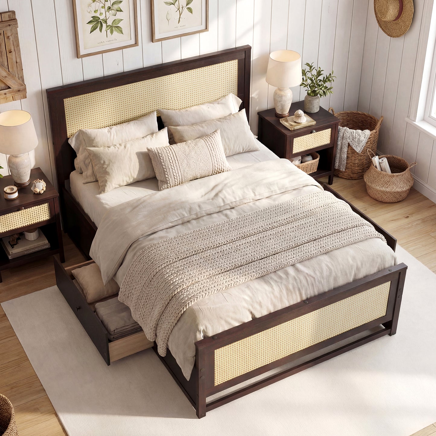 Full Size Rattan Bed Frame with Storage Drawers-Rustic Brown
