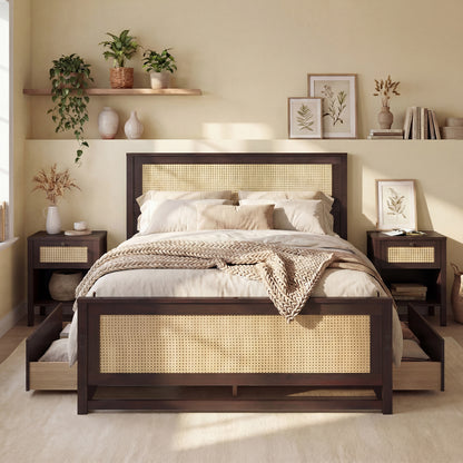 Full Size Rattan Bed Frame with Storage Drawers-Rustic Brown