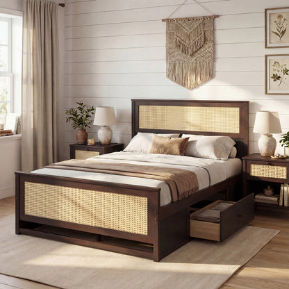 Full Size Rattan Bed Frame with Storage Drawers-Rustic Brown