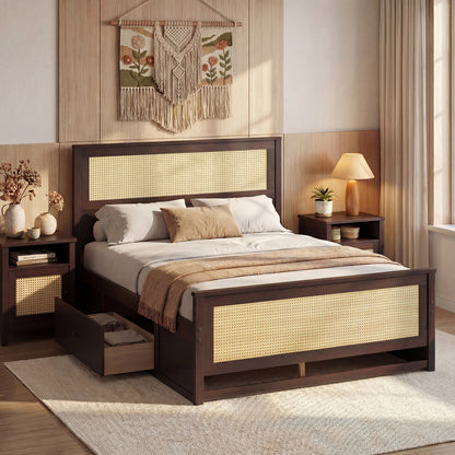 Full Size Rattan Bed Frame with Storage Drawers-Rustic Brown