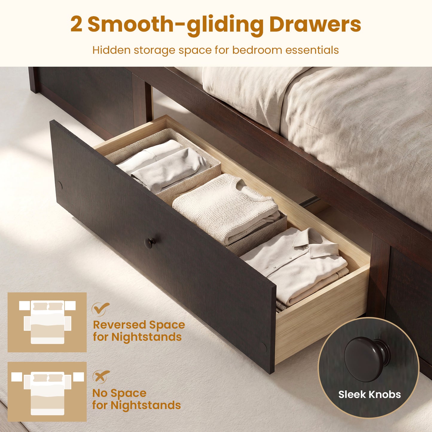 Full Size Rattan Bed Frame with Storage Drawers-Rustic Brown