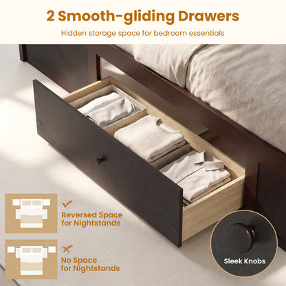 Full Size Rattan Bed Frame with Storage Drawers-Rustic Brown