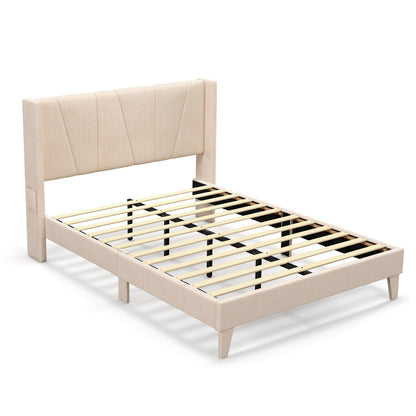 Full/Queen Size Upholstered Bed Frame with Geometric Wingback Headboard-Full Size
