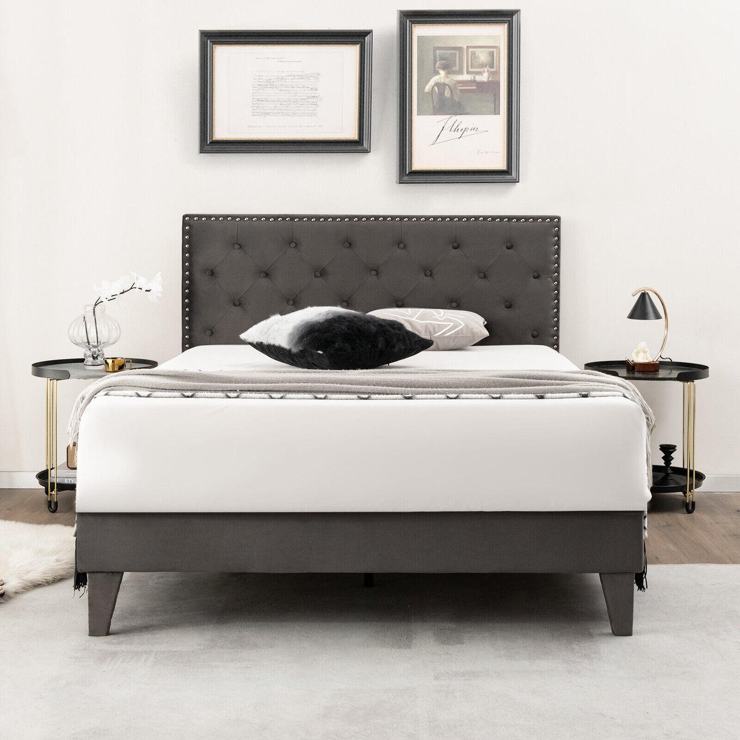 Full/Queen Size Upholstered Platform Bed with Tufted Headboard