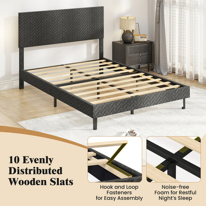 Full Size Velvet Bed Frame Upholstered Platform Bed with Chevron Headboard Gray
