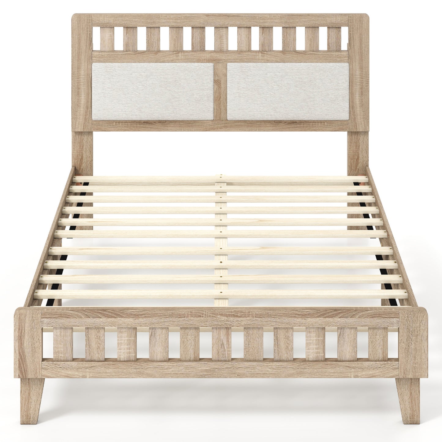 Twin Size Wood Bed Frame with Upholstered Headboard Mid Century Style