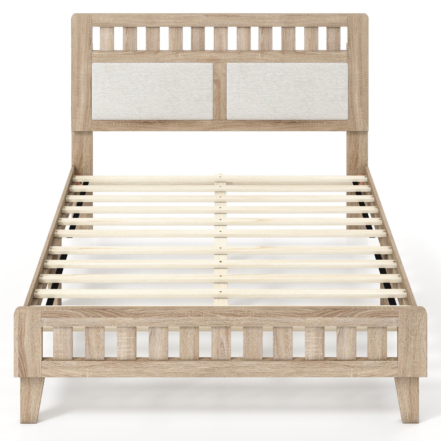 Twin Size Wood Bed Frame with Upholstered Headboard Mid Century Style