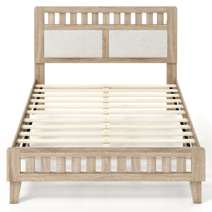 Twin Size Wood Bed Frame with Upholstered Headboard Mid Century Style