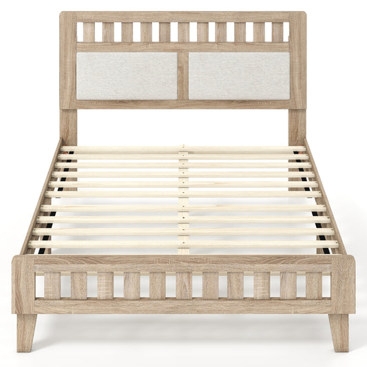 Twin Size Wood Bed Frame with Upholstered Headboard Mid Century Style