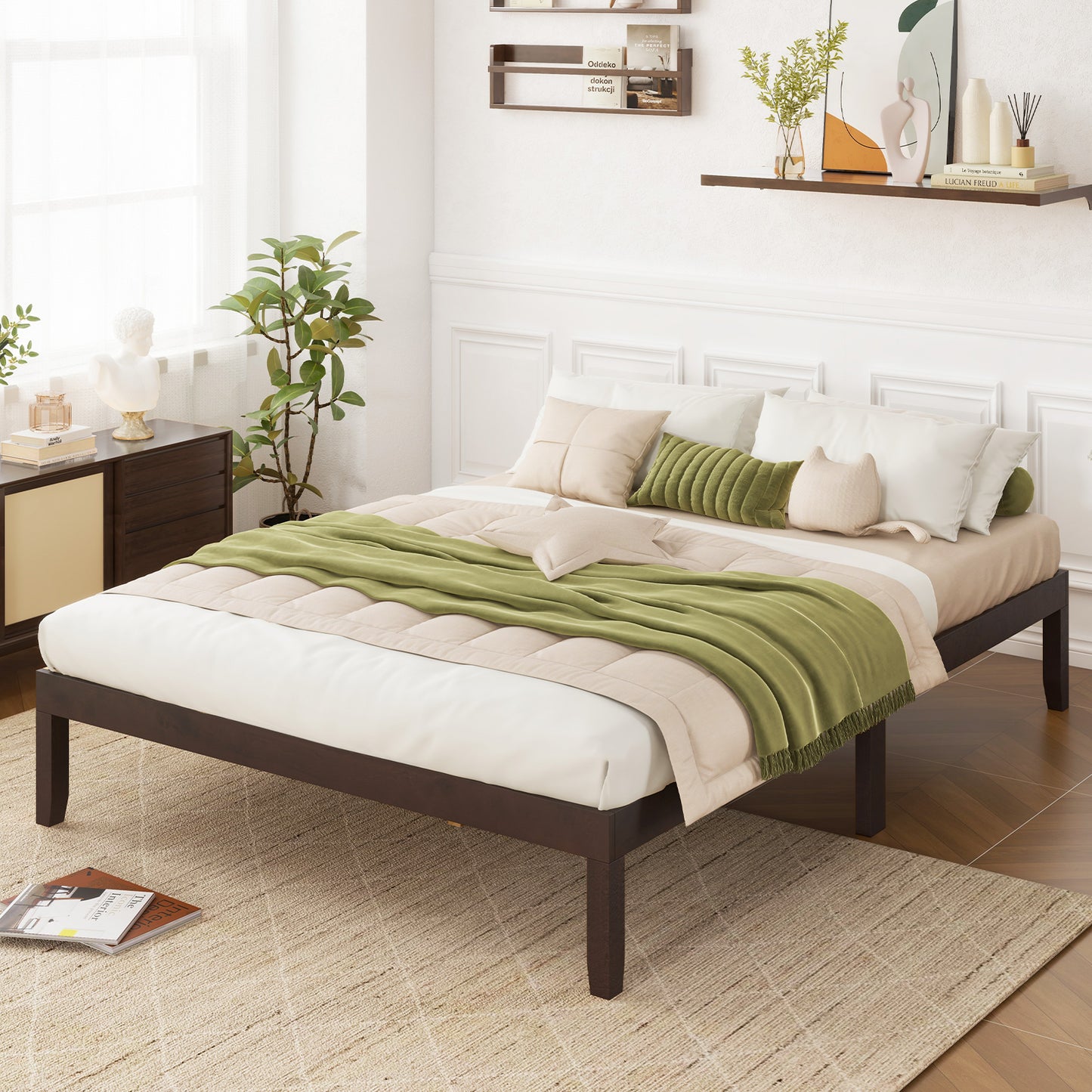 Full Size Wood Bed Frame with Wooden Slats Support and Rubber Wood Legs