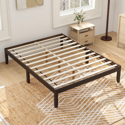 Full Size Wood Bed Frame with Wooden Slats Support and Rubber Wood Legs
