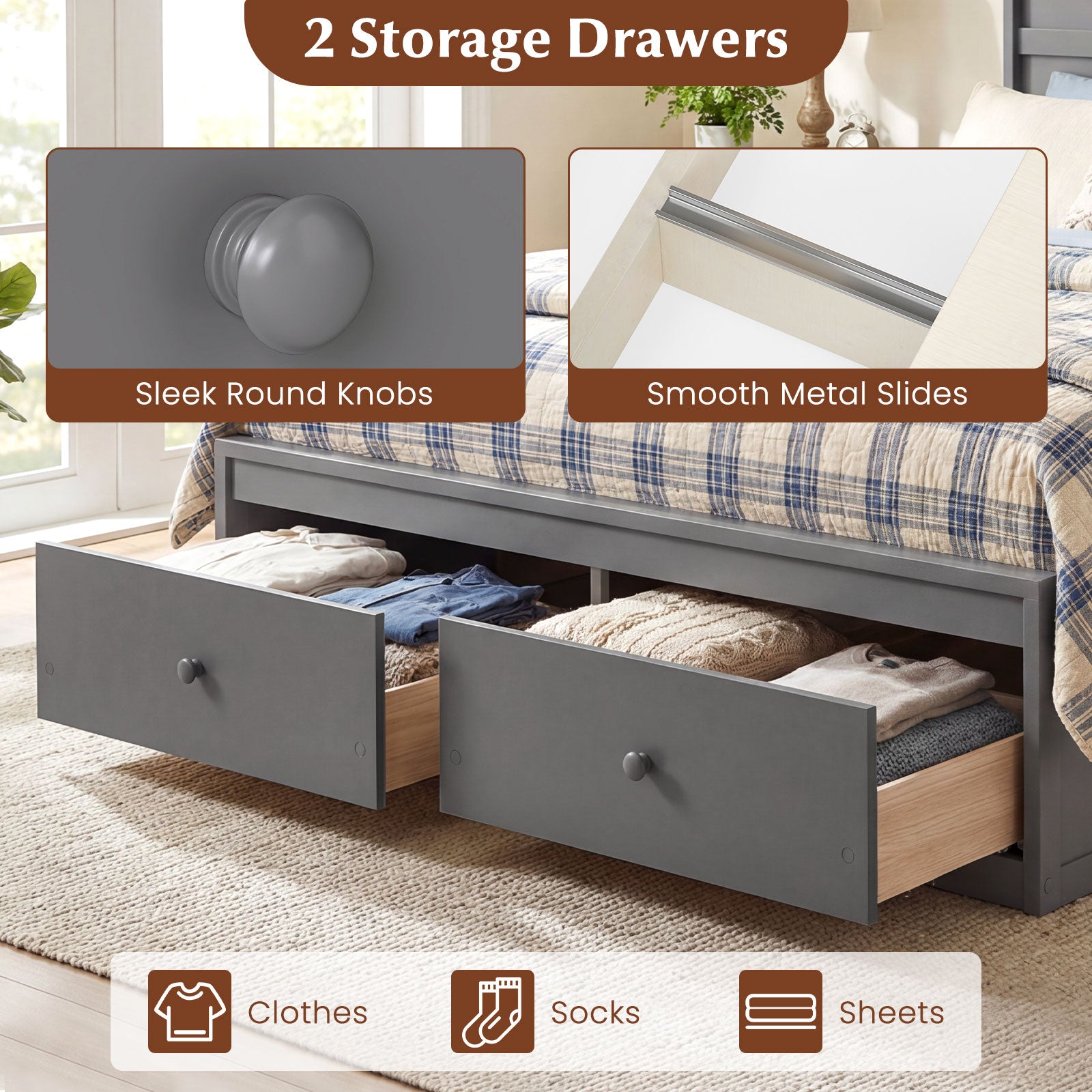 Full Size Wooden Platform Bed Frame with Storage Drawers-Gray