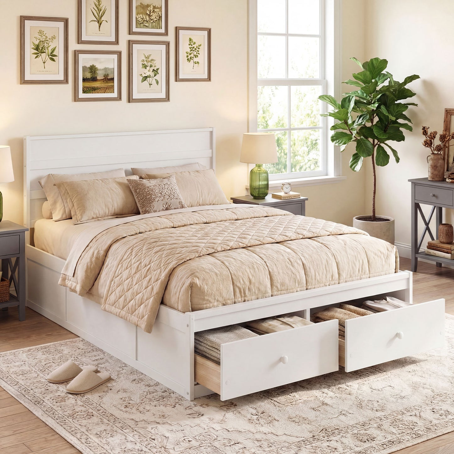 Full Size Wooden Platform Bed Frame with Storage Drawers-White