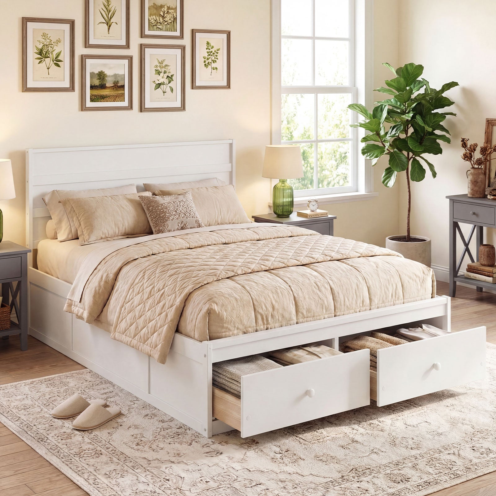 Full Size Wooden Platform Bed Frame with Storage Drawers-White