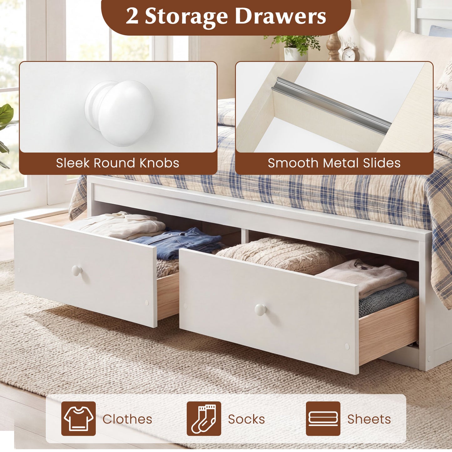 Full Size Wooden Platform Bed Frame with Storage Drawers-White