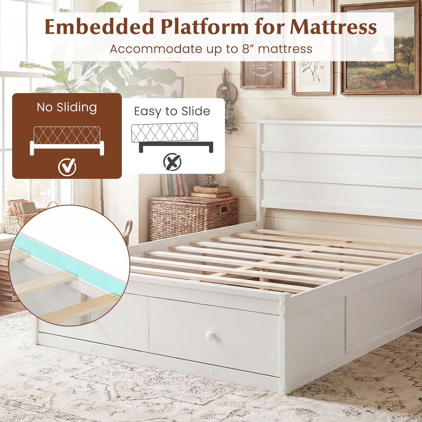 Full Size Wooden Platform Bed Frame with Storage Drawers-White