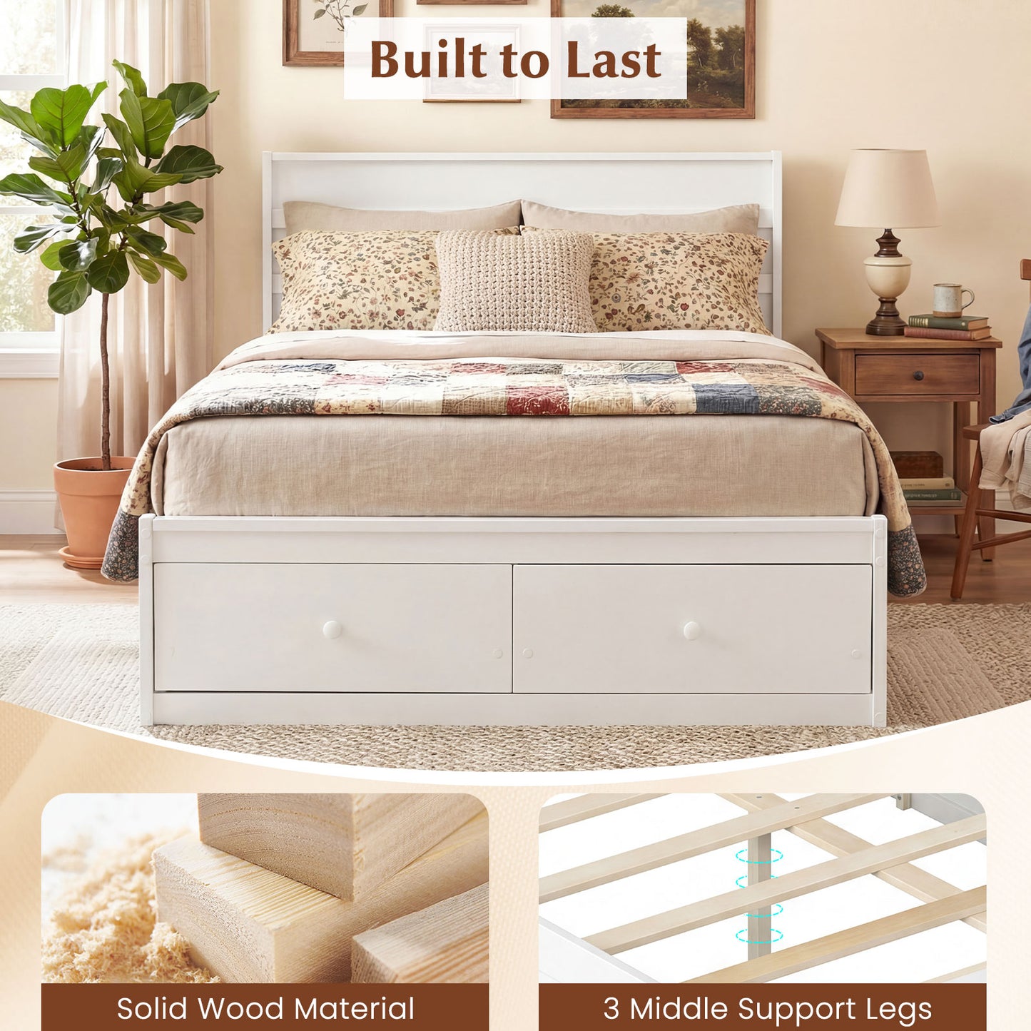 Full Size Wooden Platform Bed Frame with Storage Drawers-White