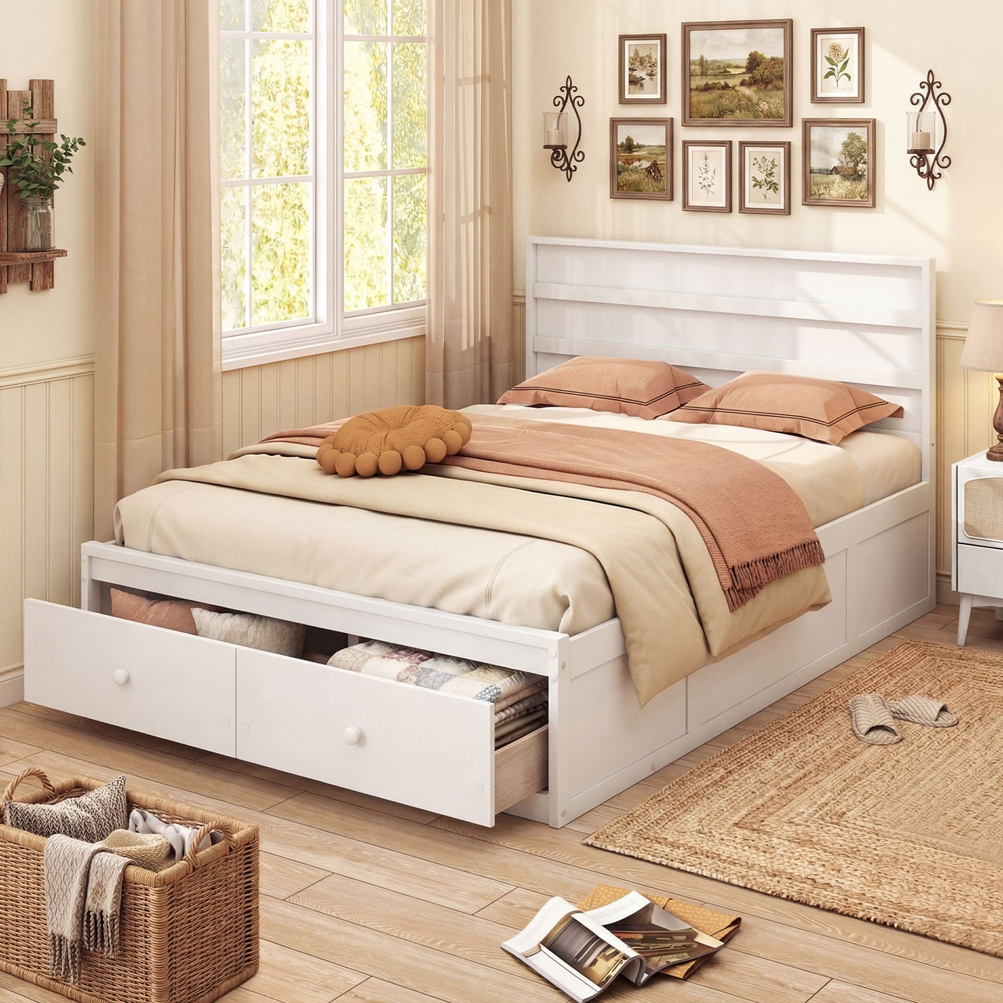 Full Size Wooden Platform Bed Frame with Storage Drawers-White
