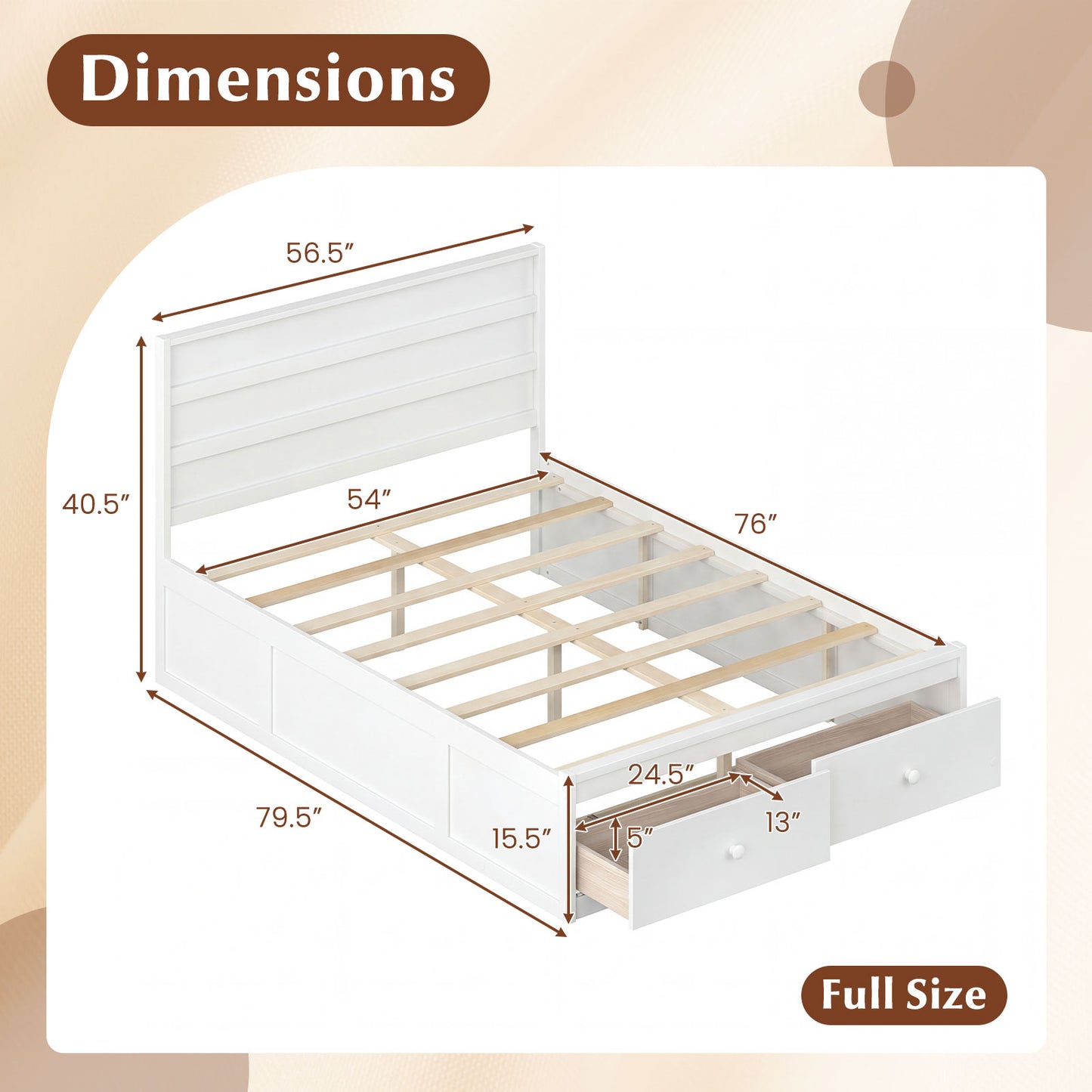 Full Size Wooden Platform Bed Frame with Storage Drawers-White