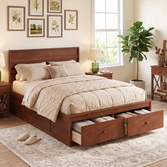 Full Size Wooden Platform Bed Frame with Storage Drawers-Walnut