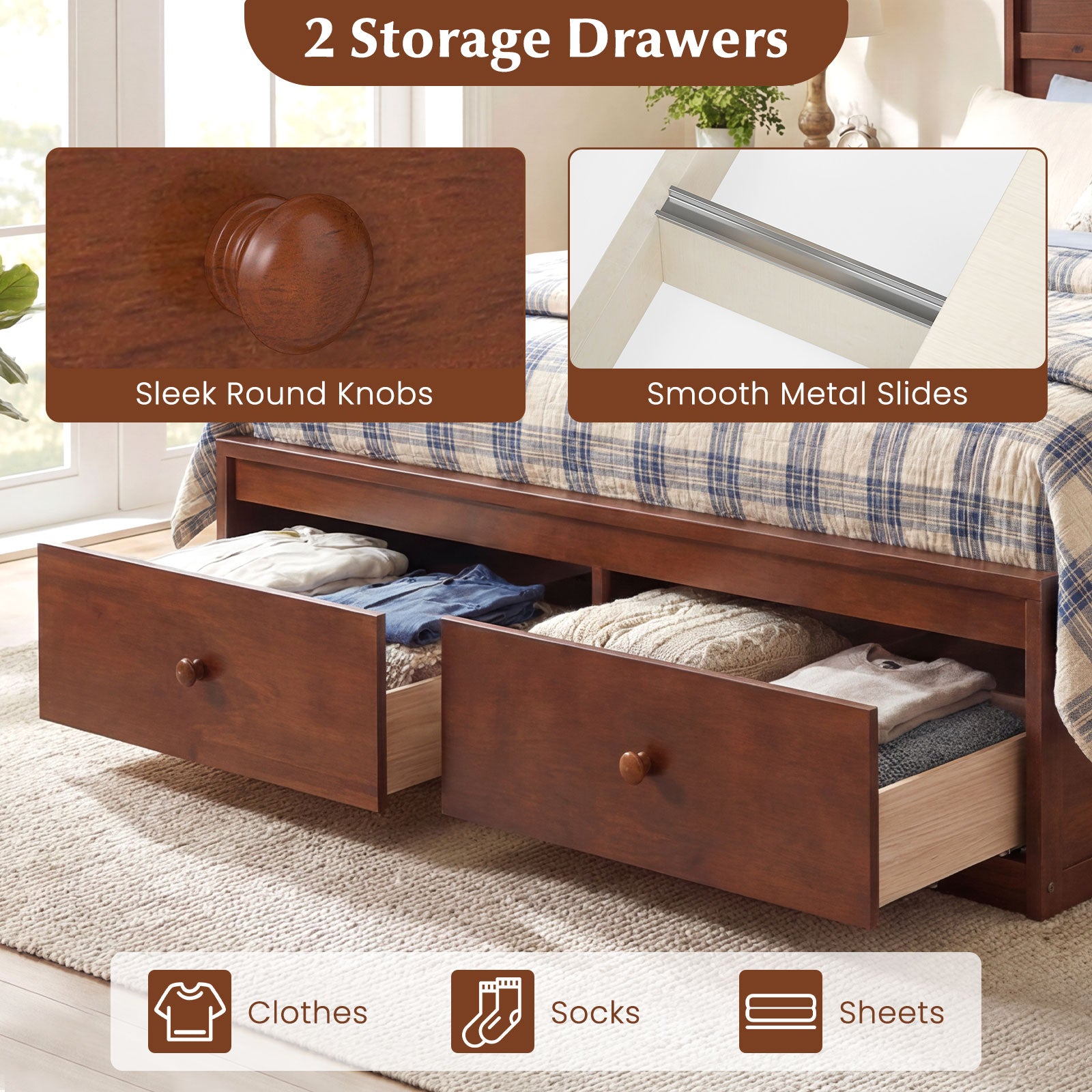 Full Size Wooden Platform Bed Frame with Storage Drawers-Walnut
