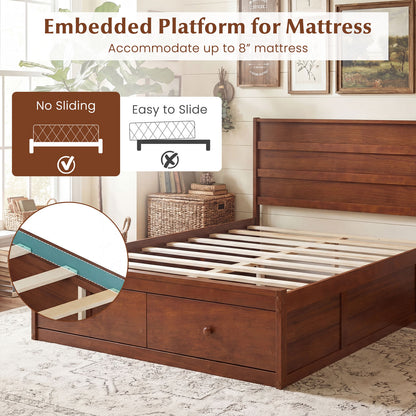 Full Size Wooden Platform Bed Frame with Storage Drawers-Walnut