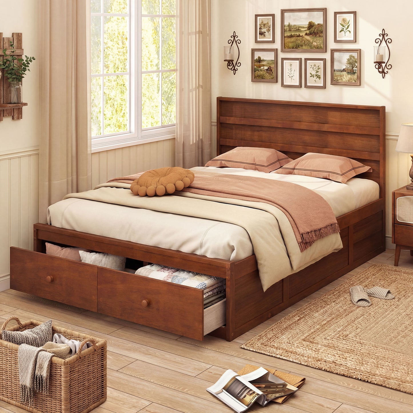 Full Size Wooden Platform Bed Frame with Storage Drawers-Walnut