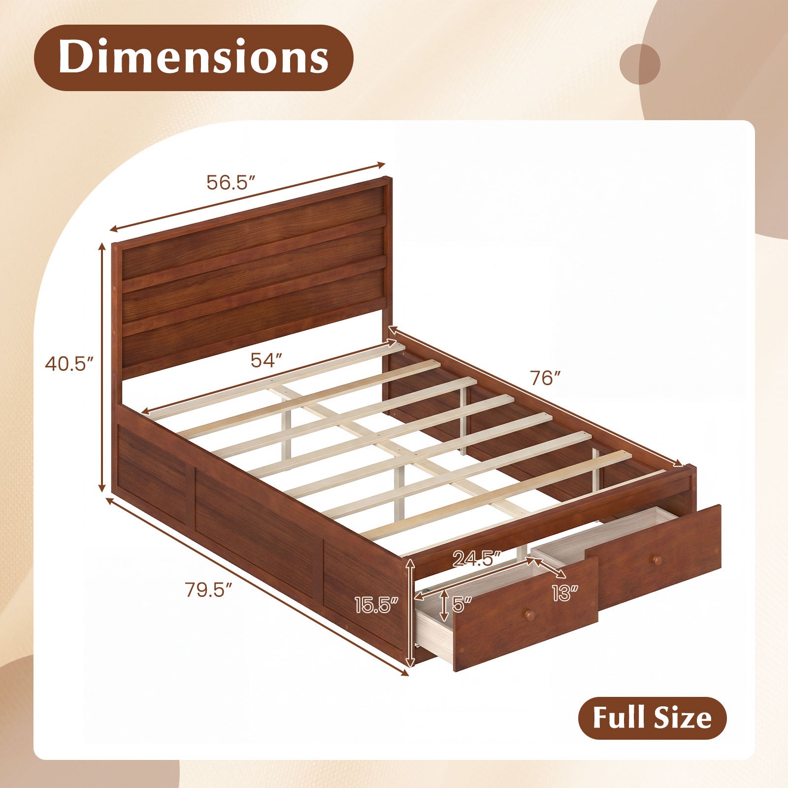 Full Size Wooden Platform Bed Frame with Storage Drawers-Walnut