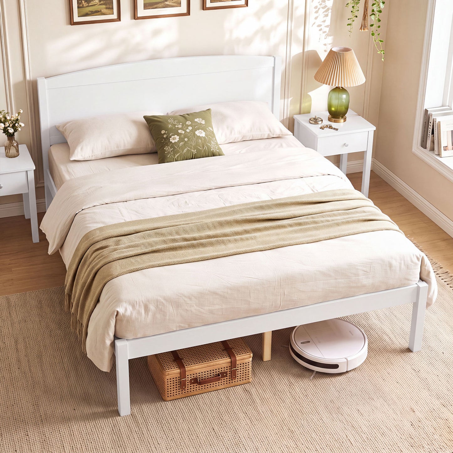 Full Size Wooden Platform Bed Frame with Curved Headboard