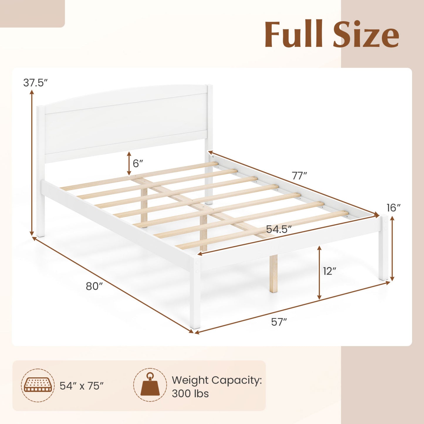 Full Size Wooden Platform Bed Frame with Curved Headboard