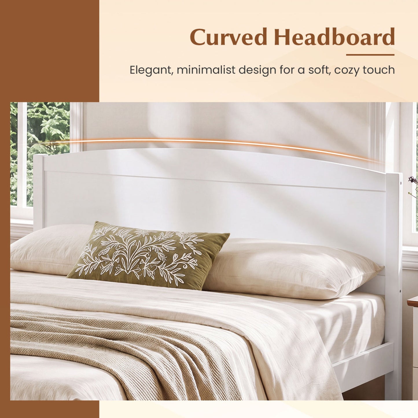 Full Size Wooden Platform Bed Frame with Curved Headboard