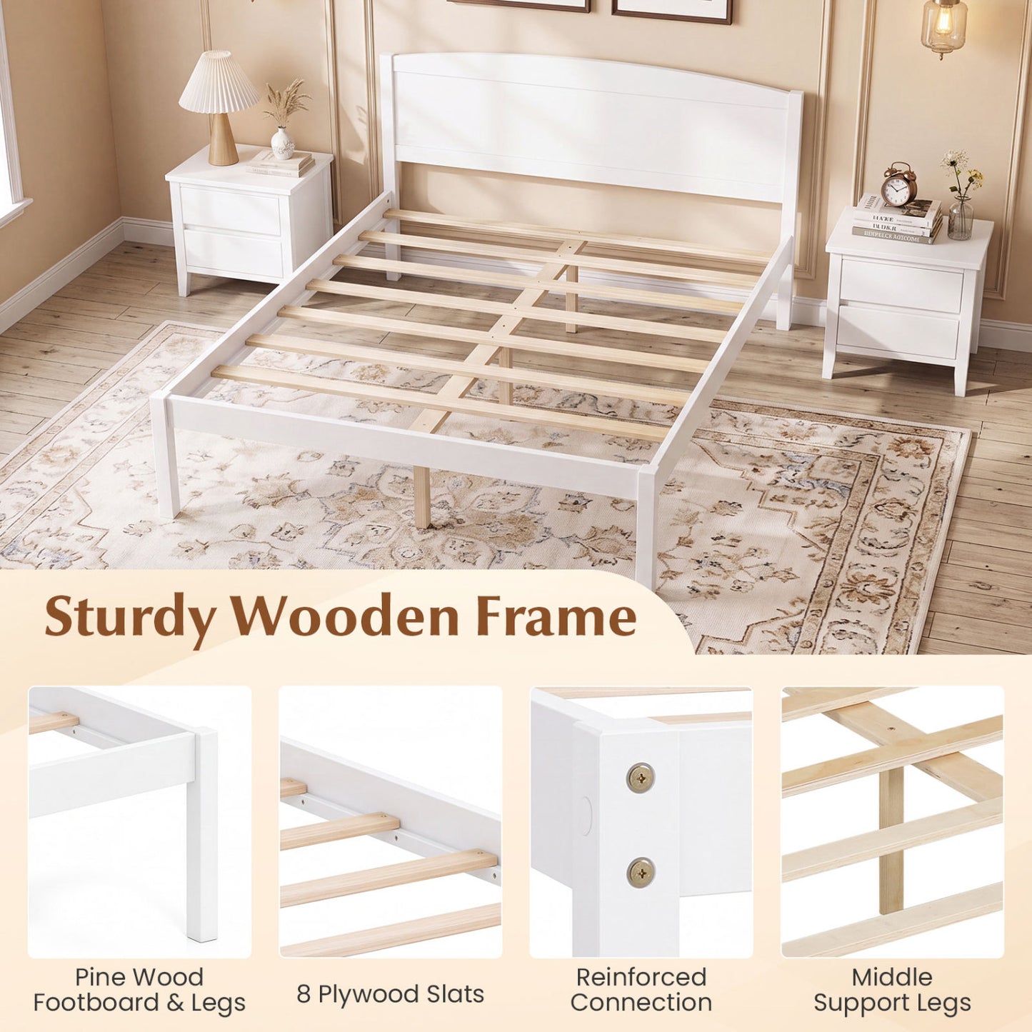 Full Size Wooden Platform Bed Frame with Curved Headboard