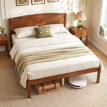 Full Size Wooden Platform Bed Frame with Curved Headboard