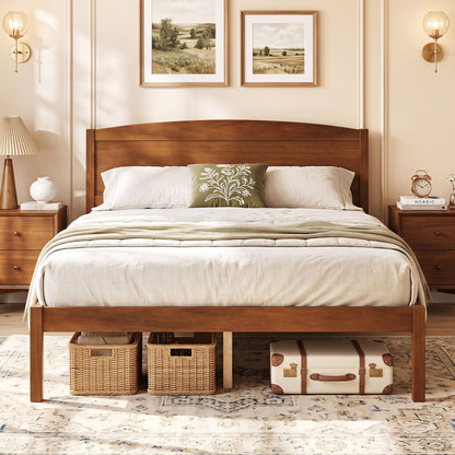 Full Size Wooden Platform Bed Frame with Curved Headboard