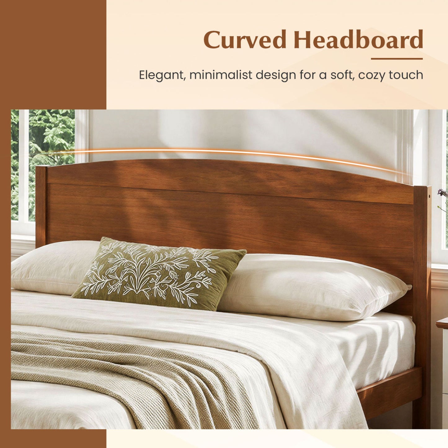Full Size Wooden Platform Bed Frame with Curved Headboard