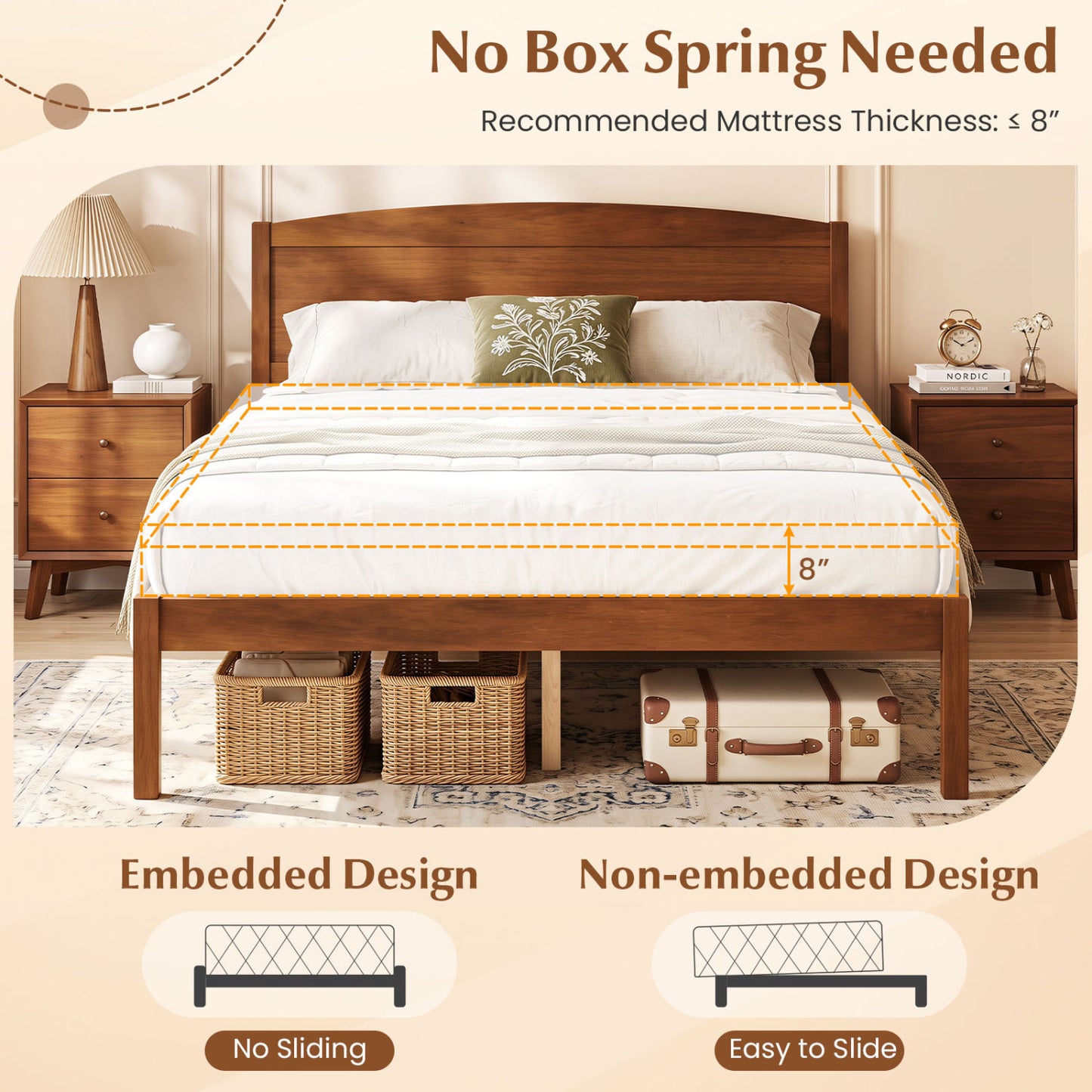Full Size Wooden Platform Bed Frame with Curved Headboard