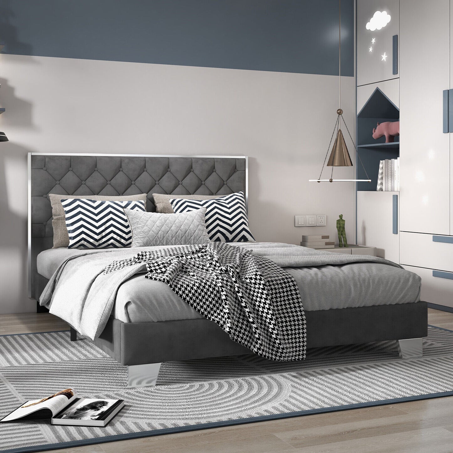 Full/Queen Size Upholstered Bed Frame with Velvet Headboard-Queen Size