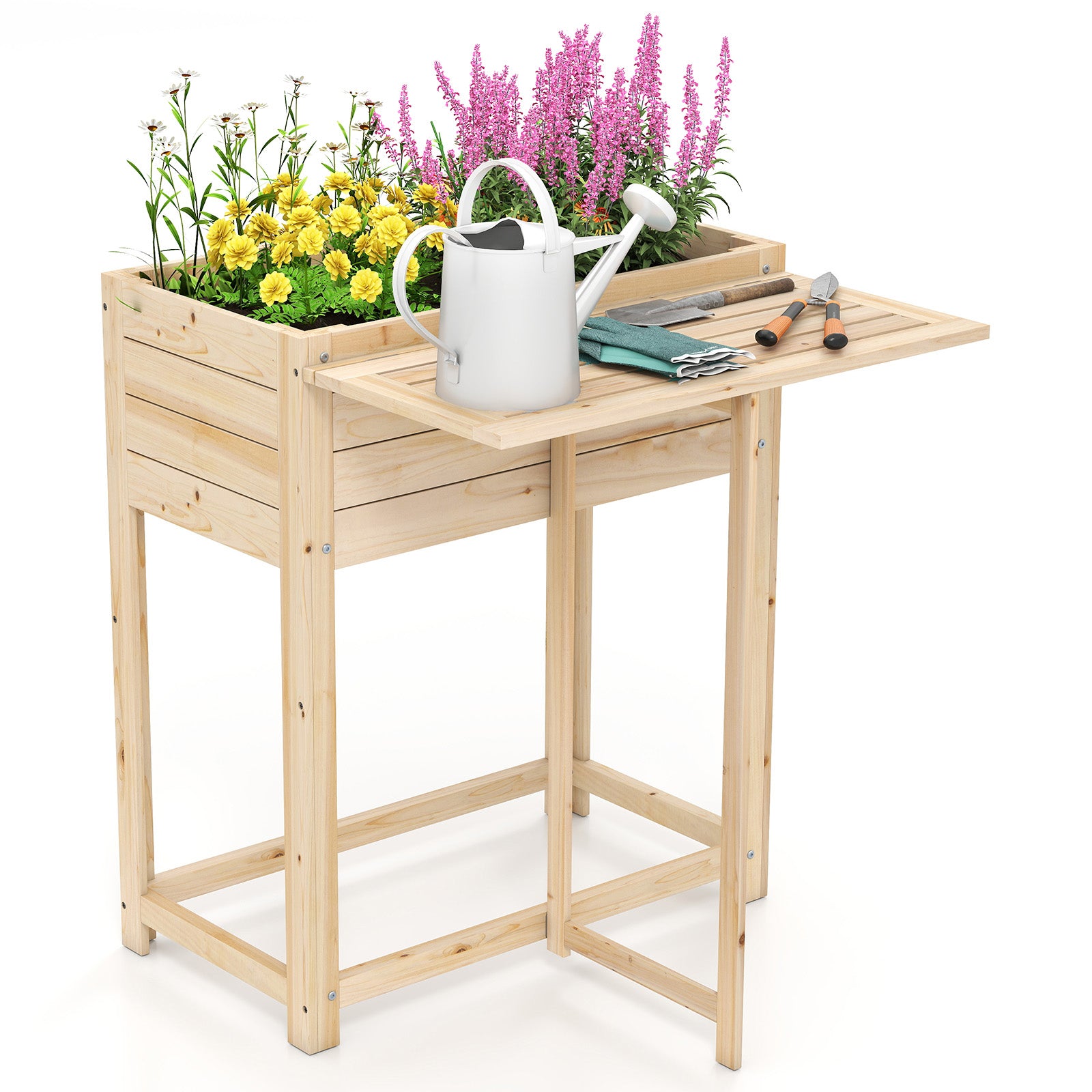 Wooden Raised Garden Bed with Legs and Foldable Side Table