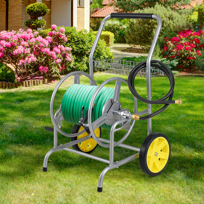 Garden Hose Reel Cart with 2 Wheels and Storage Basket-Silver