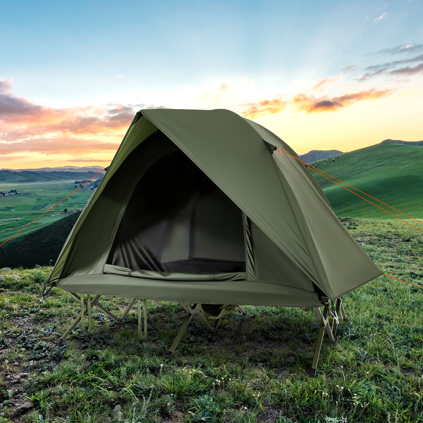 2-Person Camping Cot Tent Foldable Off-Ground Camping Combo for Adults-Green
