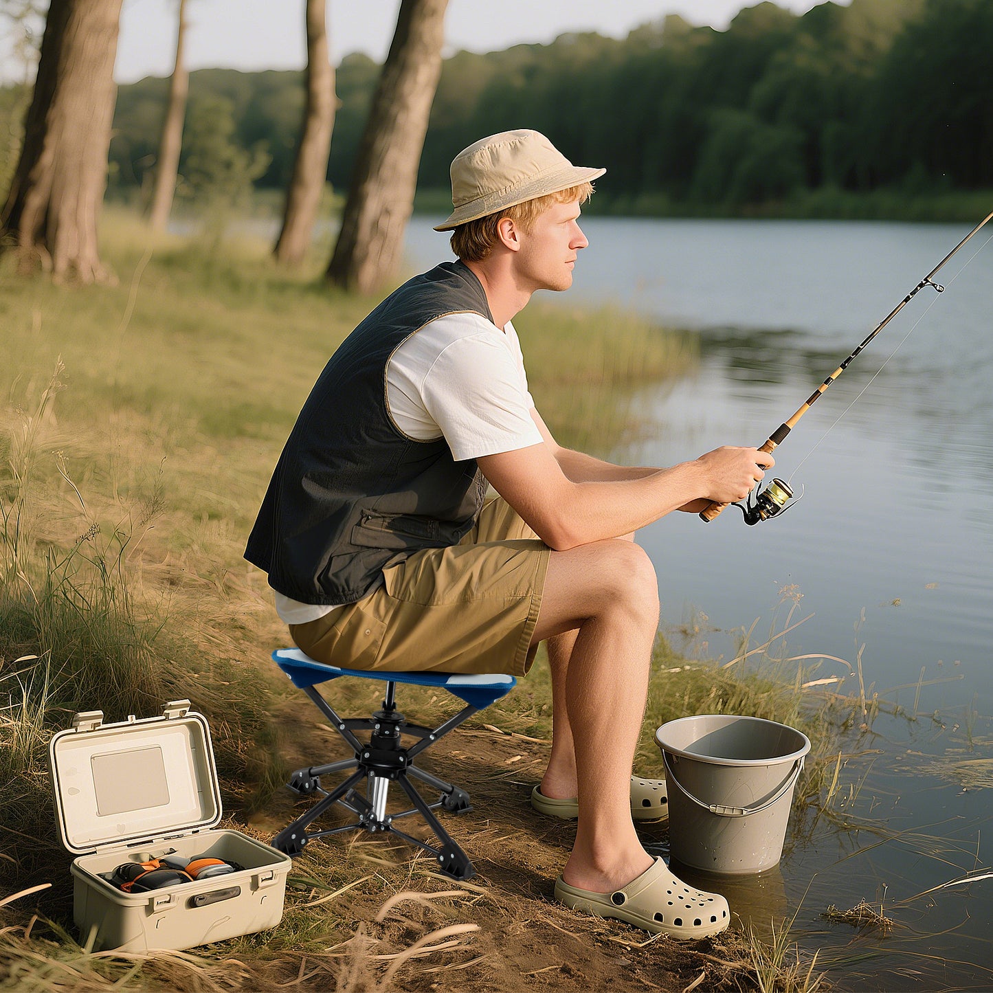 Folding Camping Stool 360¬∞ Swivel Hunting Chair with Anti-Sink Feet-Blue