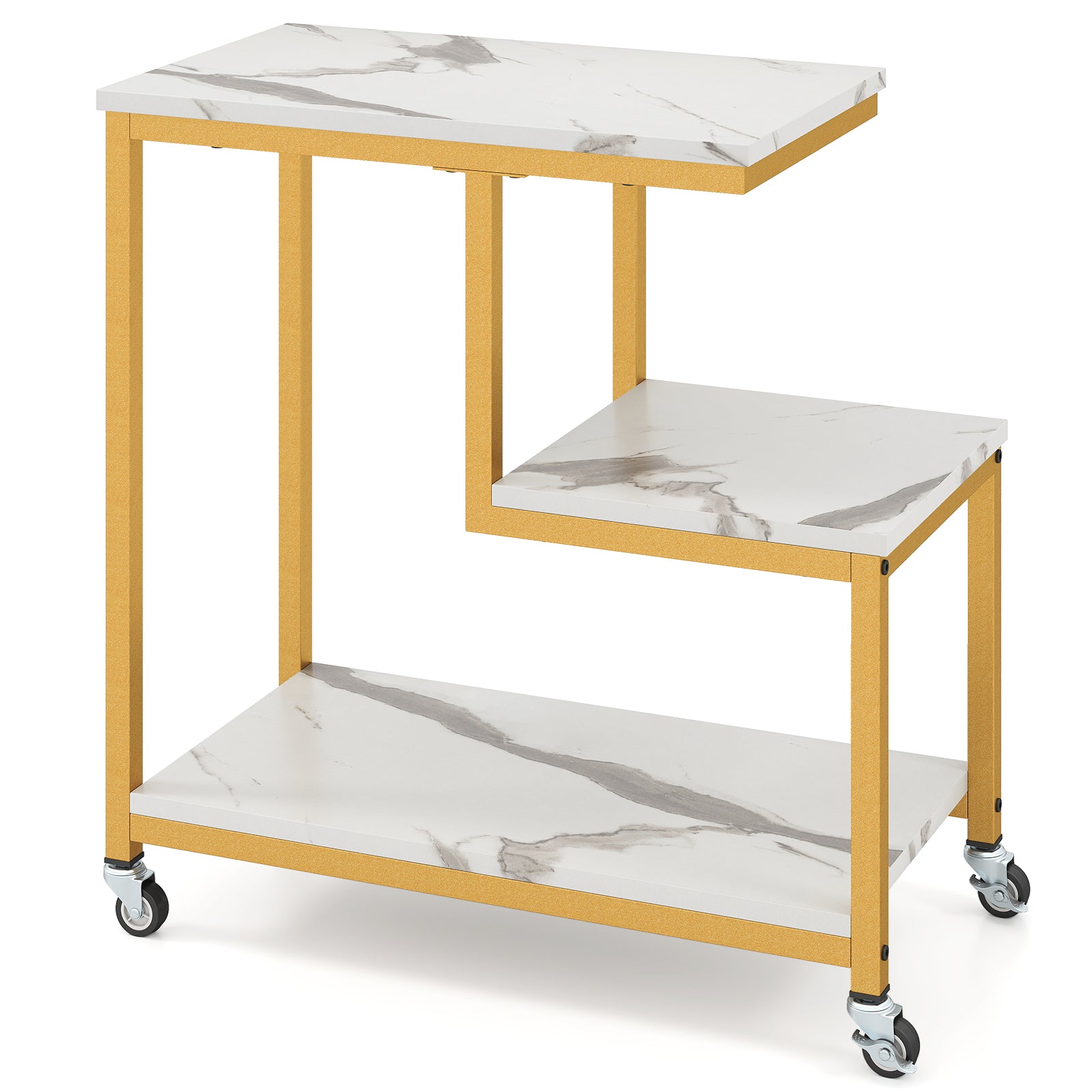 G-shaped Side Table 3-Tier Mobile End Table with Open Shelves-White - White