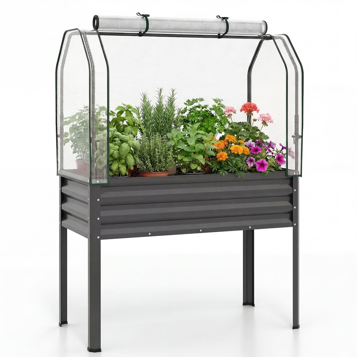 Galvanized Raised Garden Bed with Legs and Greenhouse Cover for Vegetable Flower