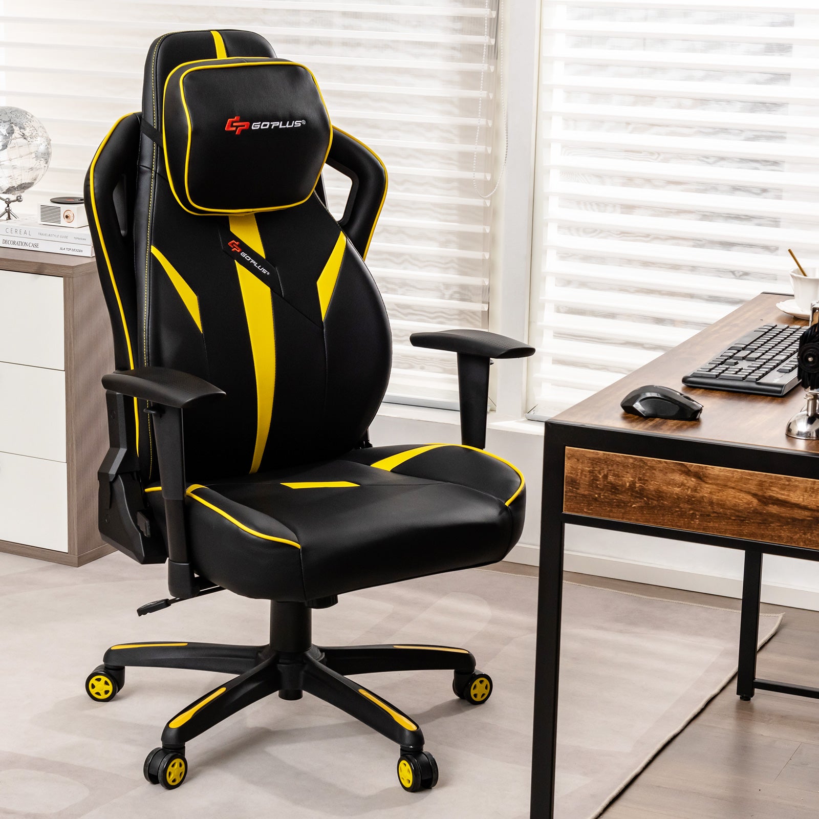 Ergonomic Gaming Chair with Adjustable Height and Reclining Backrest-Yellow
