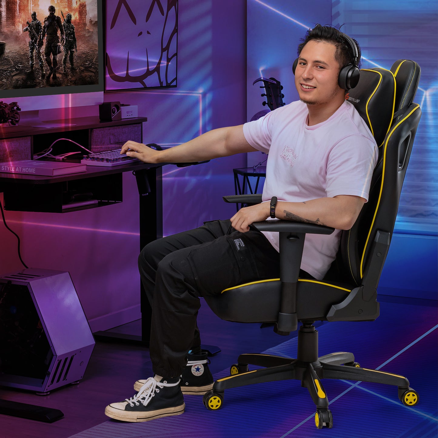 Ergonomic Gaming Chair with Adjustable Height and Reclining Backrest-Yellow