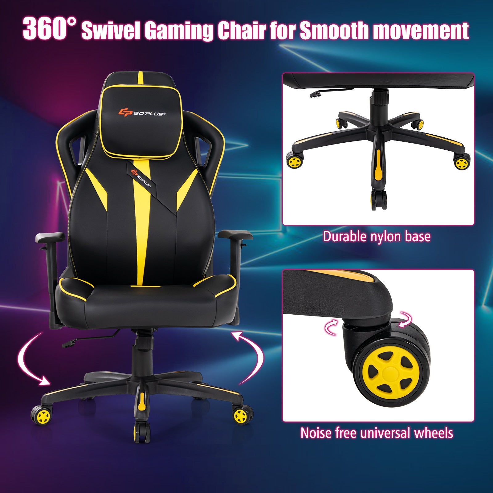 Ergonomic Gaming Chair with Adjustable Height and Reclining Backrest-Yellow