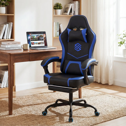 Gaming Chair Height Adjustable Computer Chair with Headrest Ergonomic Office Task Chair-Navy