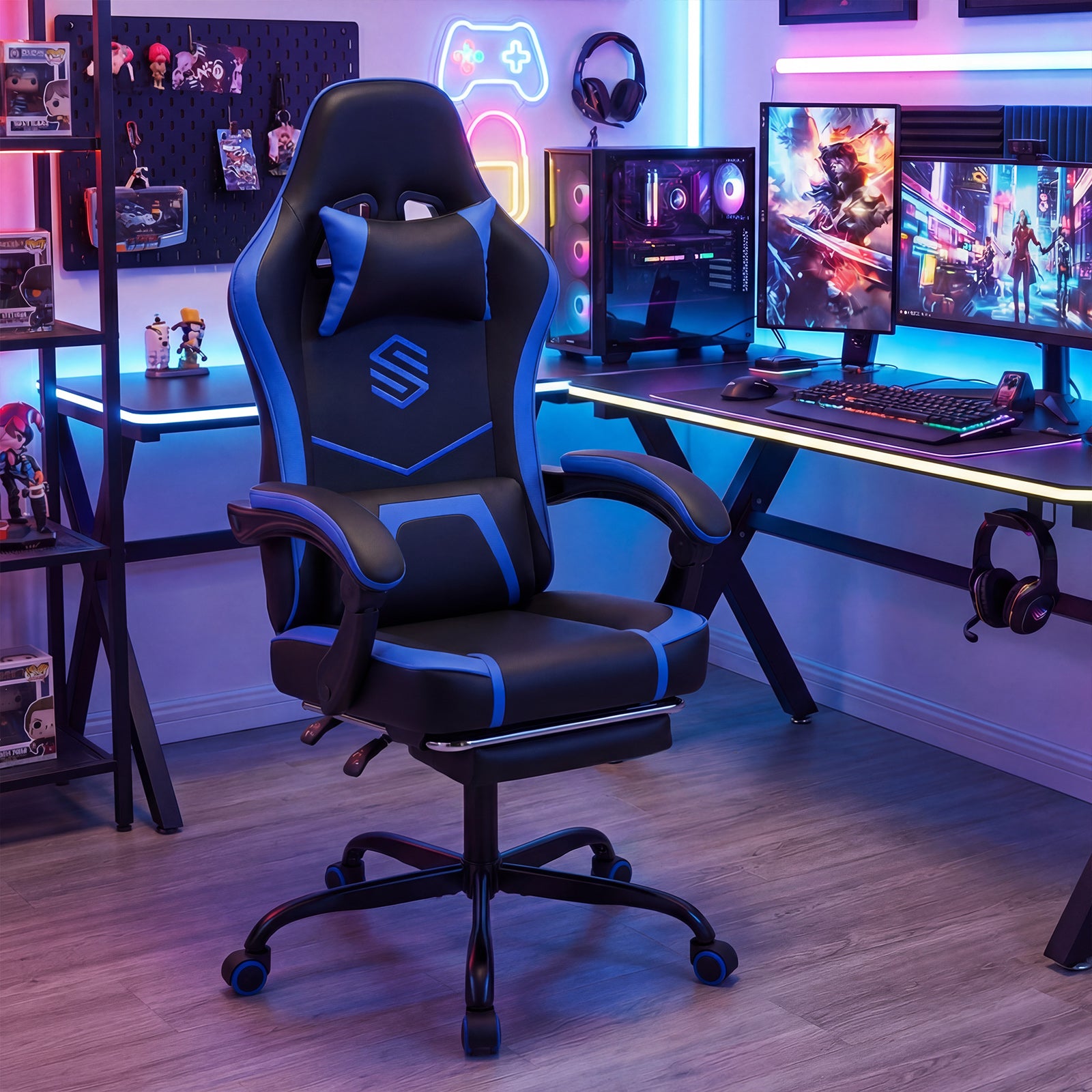 Gaming Chair Height Adjustable Computer Chair with Headrest Ergonomic Office Task Chair-Navy