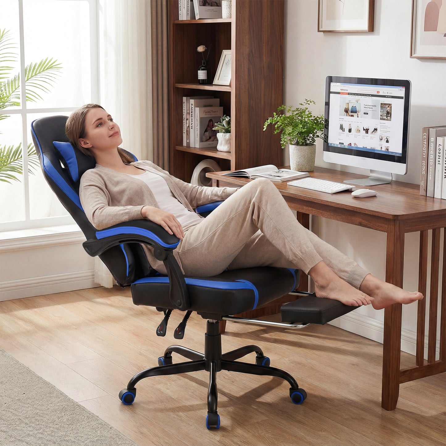 Gaming Chair Height Adjustable Computer Chair with Headrest Ergonomic Office Task Chair-Navy