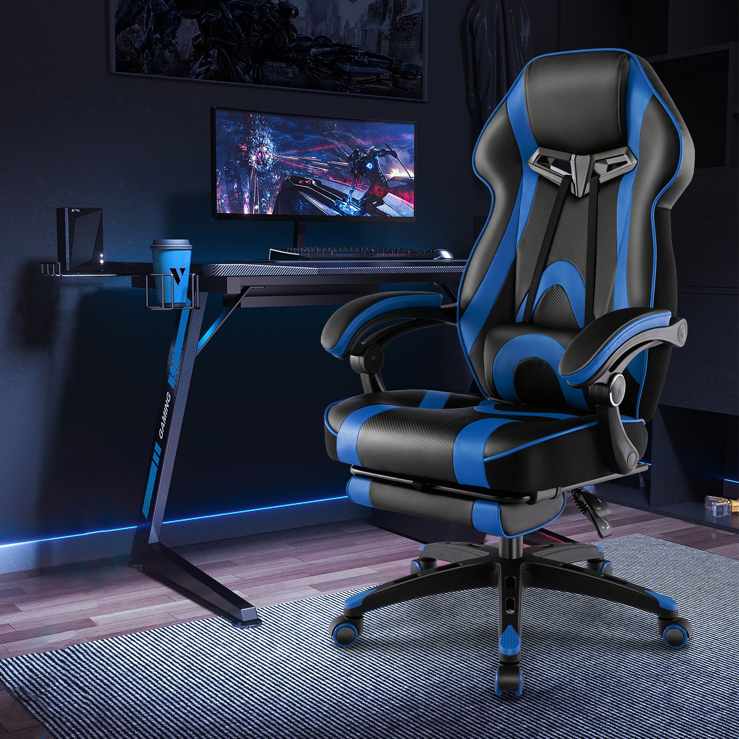 Gaming Chair Racing Style Swivel Chair with Footrest and Adjustable Lumbar Pillow-Blue